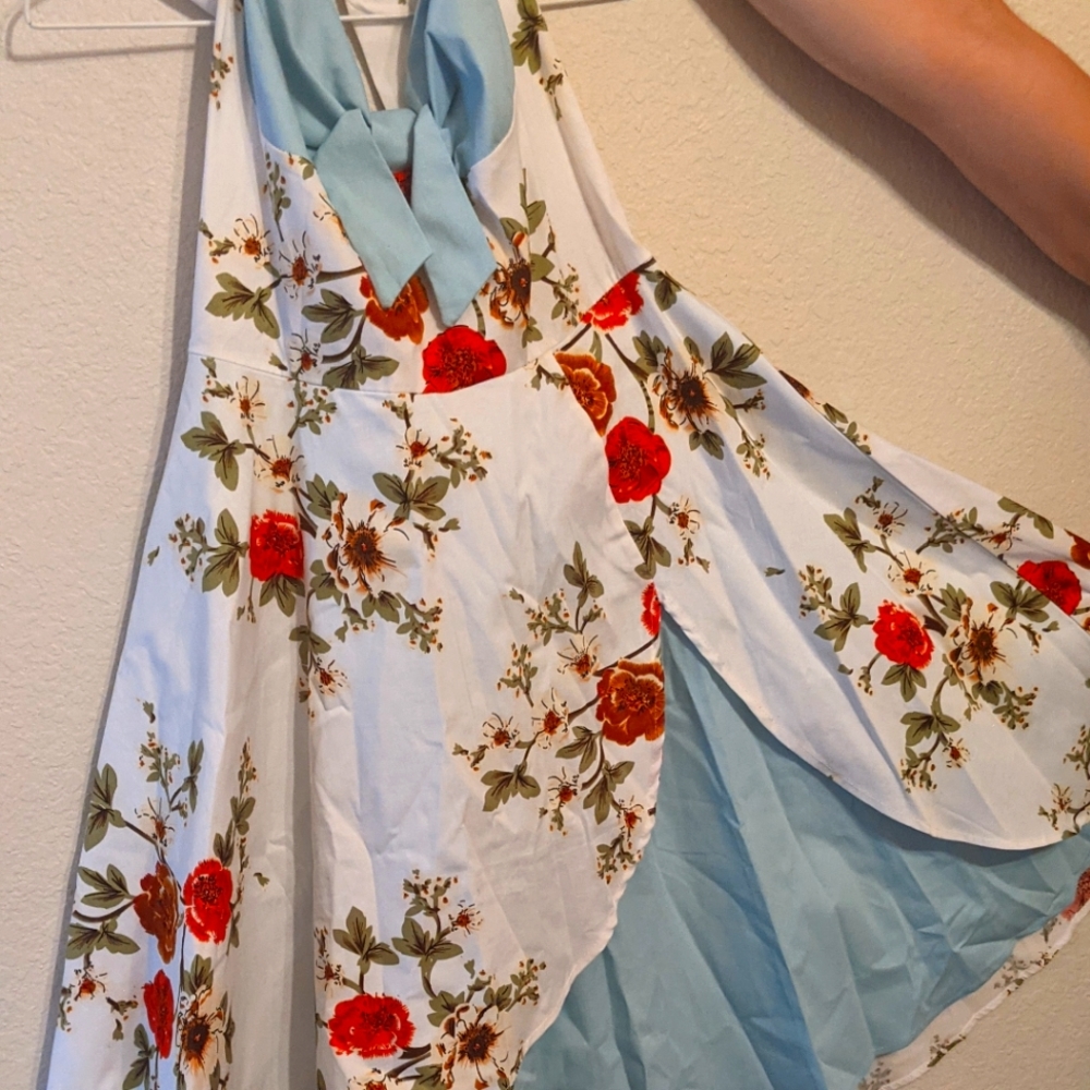 50s Vintage Inspired Blue Dress w Red Flowers
